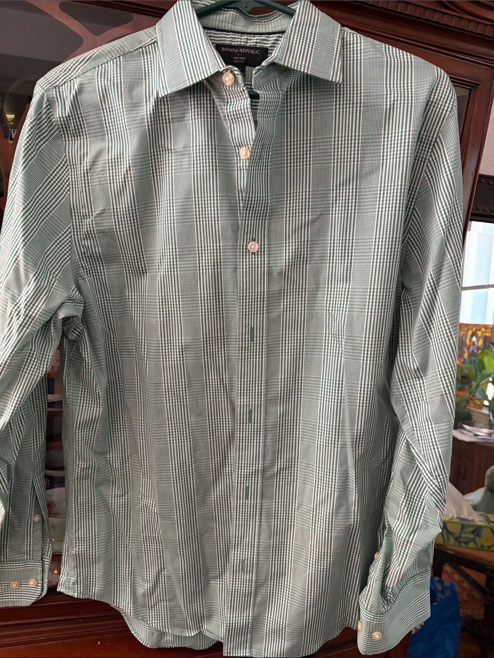 Banana Republic Men's Light Green Plaid Dress Shirt